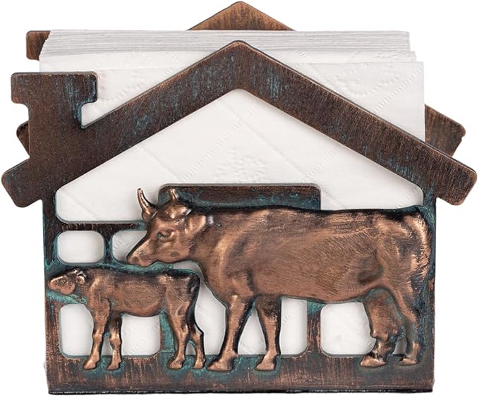 Metal Napkin Holder for Table, Heavy Dudty Rustic Farmhouse Cow & Calf Napkin Holder for Table Napkins, Vintage Metal Tissue Napkin Dispenser, Napkin Table Decor for Kitchen Coffee Shop Bar