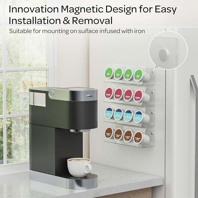 K Cup Holders, Acrylic Coffee Pods Organizer Stand Magnetic & Self-Adhesive for Kitchen Wall, Cabinet, Fridge (4 Pack for 16 Pods)