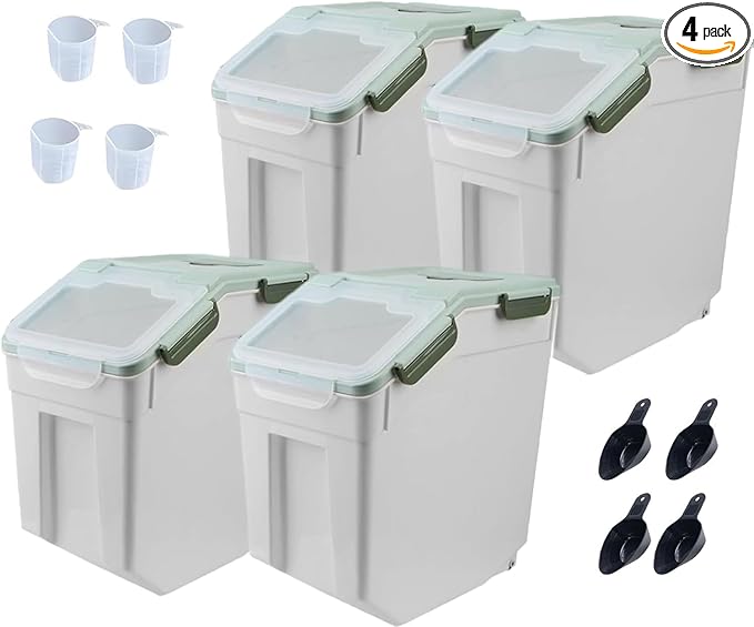 YXQ 25LB Large Flour Storage Container Bin,Green Airtight Plastic with Wheels Seal Locking Lid Dispenser Organizer Storage Bin with Measuring Cup & Scoop for Flour, Rice, Grain，Set of 4