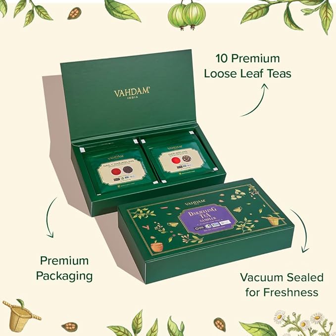 VAHDAM, Assorted Darjeeling Tea Sampler (10 Flavors, 50 Servings) Gluten Free, Non GMO - Darjeeling First Flush & Second Flush | Christmas Tea Gift Set