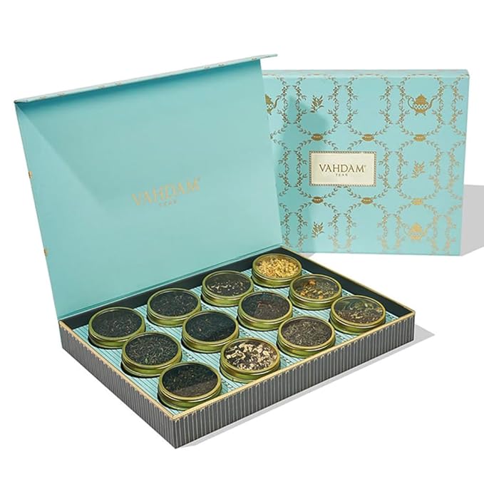 VAHDAM, Bloom - Assorted Christmas Tea Gift Sets (12 Loose Leaf Tea) Tin Caddy Presentation Box | Gluten Free, Non GMO | Holiday Gifts for Everyone