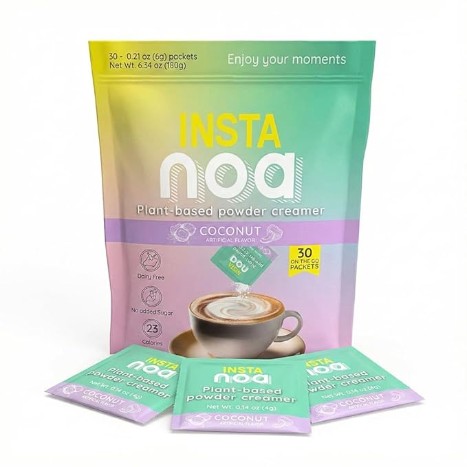 NOA Plant-Based Powder Creamer - Dairy-Free Coconut & Coconut Flavor, No Sugar, Vegan, Keto-Friendly, Instant Non-Dairy Coffee Enhancer, 30 Sachets of 6g