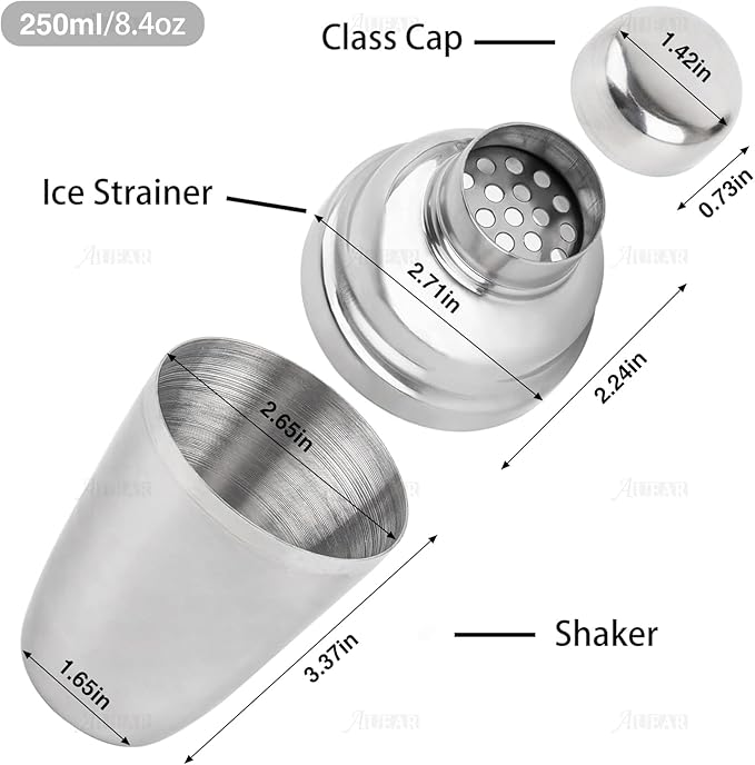 AUEAR, Small Stainless Steel Cocktail Shaker 8.4 Oz/250ml Martini Shakers Bar Tools Silver