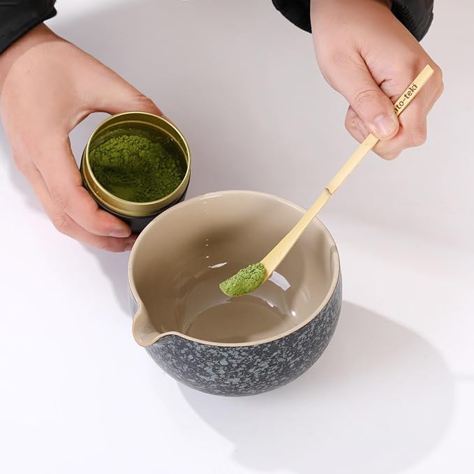 5-Piece Traditional Matcha Set beautifully crafted ceramic Japanese matcha bowl, chasen holder, natural bamboo whisk, spoon, and airtight matcha tin container – Perfect for ceremonial-grade matcha