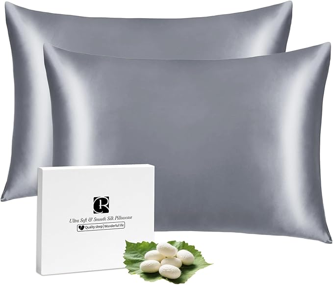 Ravmix Silk Pillowcases 2 Pack for Hair and Skin with Hidden Zipper, Both Sides 21Momme Mulberry Silk Pillow Cases Set of 2, Queen Size 20×30inches, Lilac Grey