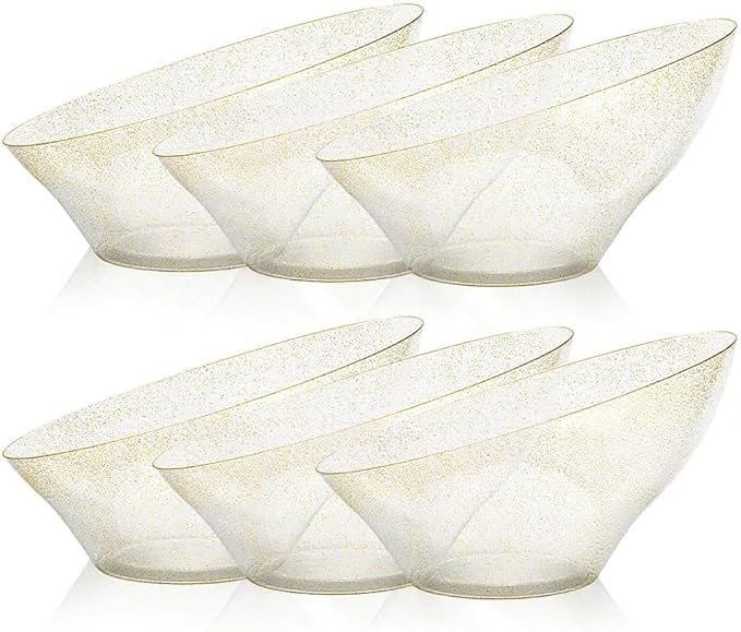 BESTVIP 54oz Clear with Gold Glitter Serving Bowls for Party - 12 Pack Angled Disposable Serving Bowls for Chips, Snacks, Fruit, Salad - Decorative Catering Bowls for Daily Use,Halloween, Christmas