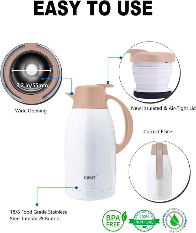 GiNT Stainless Steel Thermal Coffee Carafe, Double Walled Vacuum Thermal Carafe, Water and Beverage Dispenser,12 Hour Heat Retention，65 OZ /1.9 Liter White