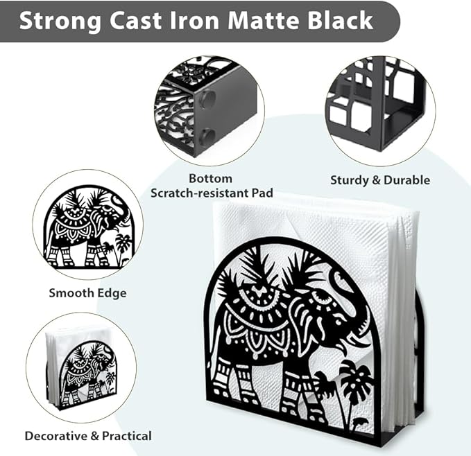 Elephant Decorative Black Metal Napkin Holder for Table, 5.3" x 4.9" x 1.9" Animal Leaf Standing Napkin Holder for Home Kitchen Restaurant Picnic Party Coffee Bar Dining Room