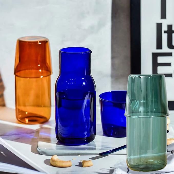 Bedside Glass Water Carafe Set with Cup, Glass Carafe with Lid Mouthwash Cups for Bedroom Bathroom Juice Wine Milk