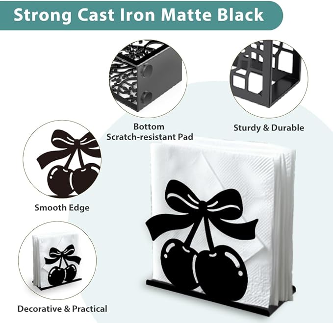 Cherry Decorative Black Metal Napkin Holder for Table, 5.3" x 4.5" x 1.9" Cherry Fruit Standing Napkin Holder for Home Kitchen Restaurant Picnic Party Coffee Bar Dining Room