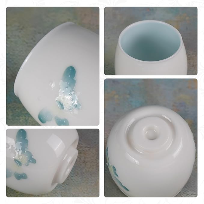 KAMMAK Tea Cup, 2.3oz Small Tea Cups Set of 2, White Porcelain Tea Cups, Ceramic Teacups for Home, Party, Office, Chinese Kungfu Tea Set for Hot/Cold Drink (Blue Butterflies)