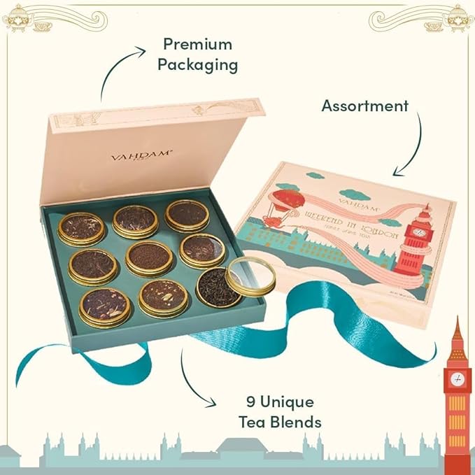 VAHDAM, Weekend in London Christmas Tea Gift Set - 9 Loose Teas | Tin Caddy Travel Edition Gift Box | Christmas 2025 Gift Ideas for Women & Men | Gluten Free, Non GMO