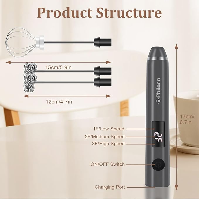 Philorn Milk Frother Wand Handheld Rechargeable Electric Whisk Coffee Drink Mixer, Mini Foamer for Lattes, Cappuccino, Frappe, Matcha, Hot Chocolate, Protein Powder, Keto Diet (Black 2 Heads)