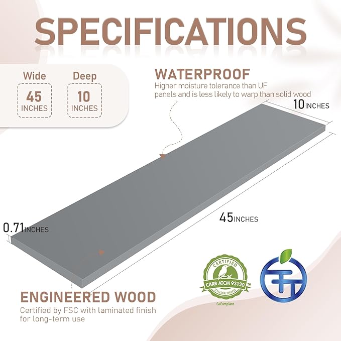 Kaboon 45 inch Long 10 inch Deep Floating Shelves for Wall Set of 2, Large Open Shelves Wall Mounted, Space Saving Home and Commercial Use, Gray