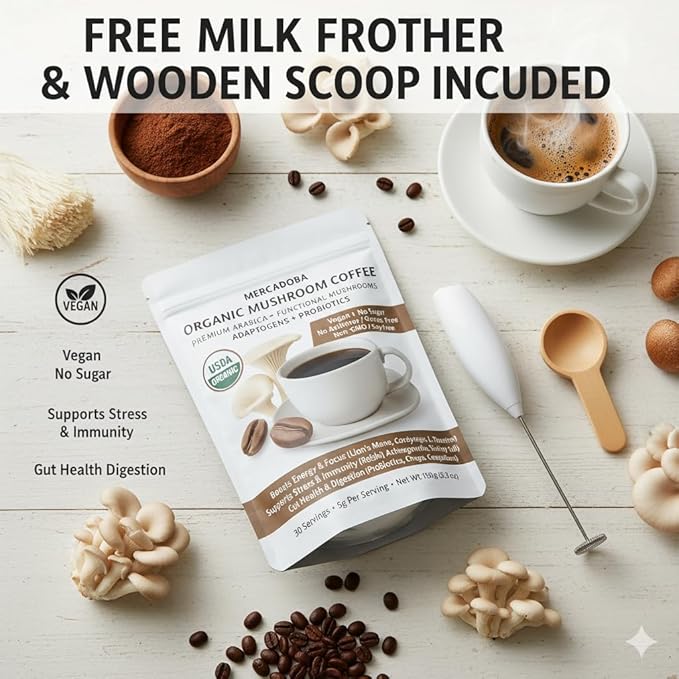 Organic Mushroom Instant Coffee – Premium Arabica & 7 Functional Mushrooms – Lion’s Mane, Chaga, Cordyceps – Focus, Energy, Immunity – USDA Organic, Vegan, Non-GMO – 30 Servings
