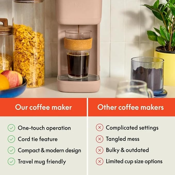 Single-Serve Bella Coffee Maker – Compact 6oz–14oz Brewer for Ground Coffee or Pods, One-Touch Operation, Adjustable Drip Tray, 35oz Water Tank, Travel Mug Friendly, Dishwasher-Safe Parts