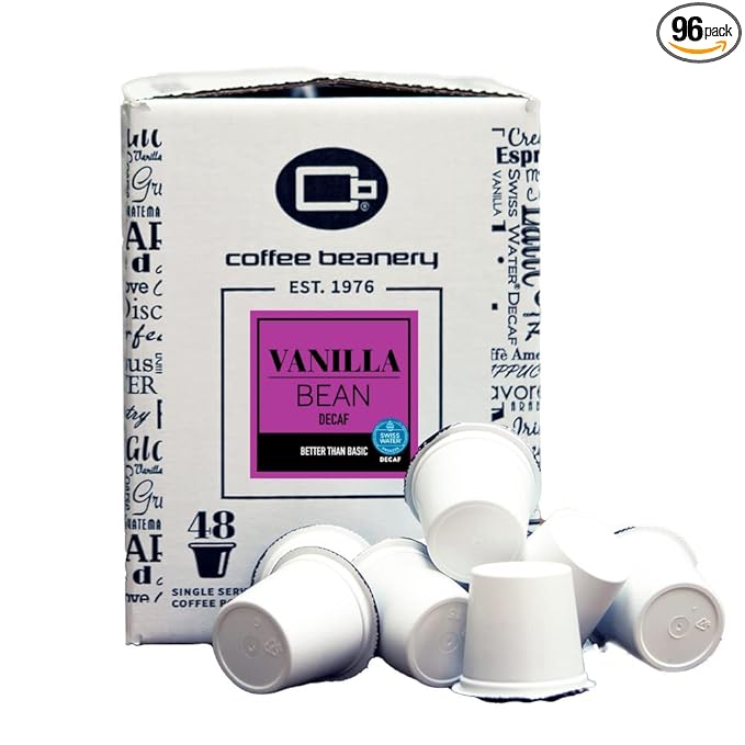 Vanilla Bean Decaf Coffee Pods by Coffee Beanery | 96ct Bulk Flavored Decaf Coffee Pods Medium Roast Coffee