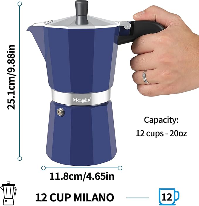 Mongdio Stovetop Espresso Maker Moka Pot, Stove Top Cuban Coffee Maker, Italian Greca Mocha Pot, 12 Espresso Cups, 20 oz - Blue