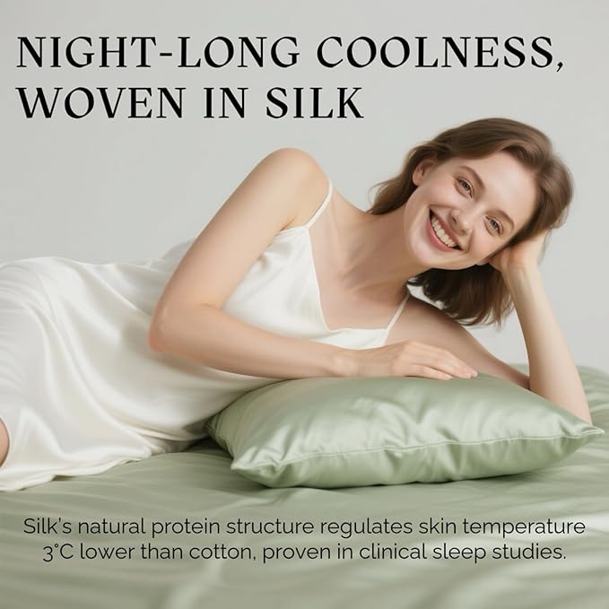 Ravmix Silk Pillow Cases with Zipper, 21momme Mulberry Silk Pillowcase for Hair Skin Health, Soft Smooth Breathable Cool Pillow Cover for Beauty Sleep 1PC(Queen 20"x30", Bean Green)