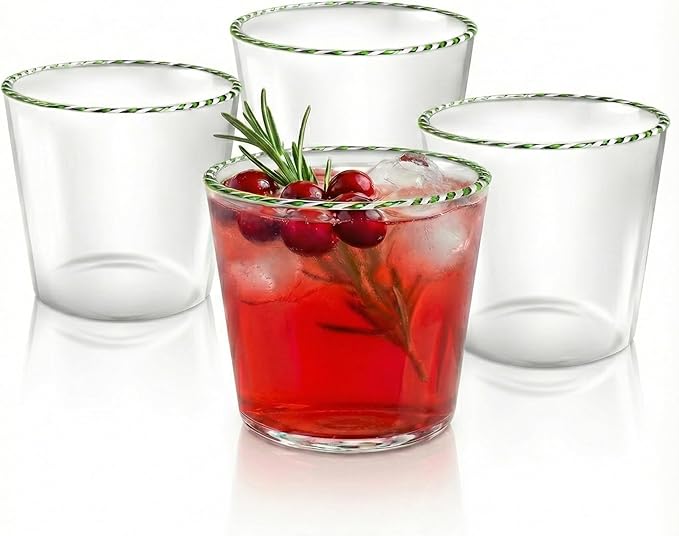 Gusto Buono Holiday Drinking Glasses — Set of 4 13oz Old Fashioned Glass, Borosilicate Glass Tumbler Vintage Glassware with Candy Cane Design