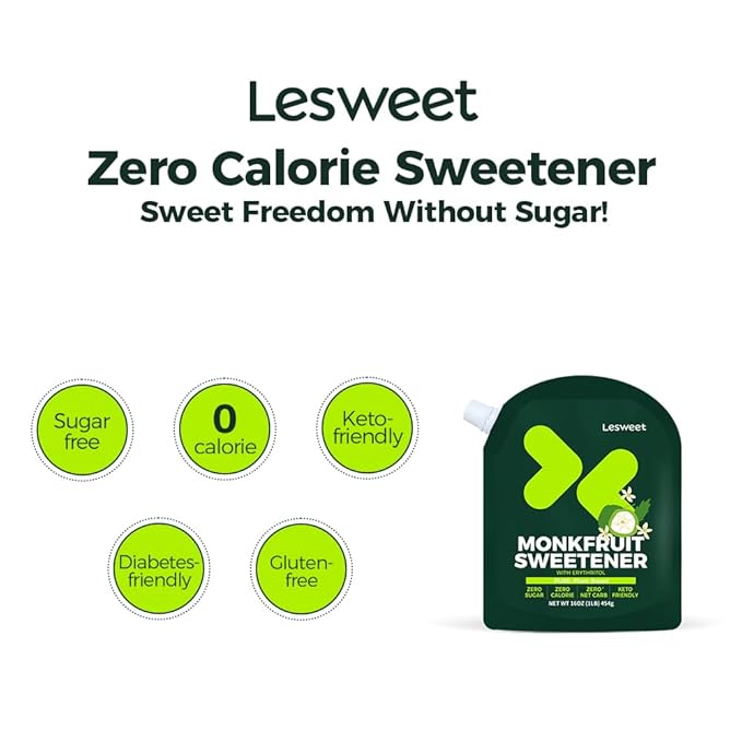 Lesweet Monk Fruit Sweetener with Erythritol, Monk Fruit Extract, 1:1 White Sugar Substitute, Zero Calorie, Keto Friendly, Non-GMO, Perfect for Coffee & Baking, 16 oz (Pack of 3)