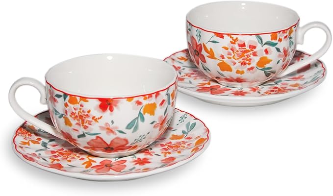 Cups and Saucers Coffee Tea Cups Set of 2 (7.4 oz/ 220ml) Ceramic Cup Espresso Mug Floral Porcelain Vintage Flower Pattern for Gifts, Gatherings, Receptions,Breakfast, Home