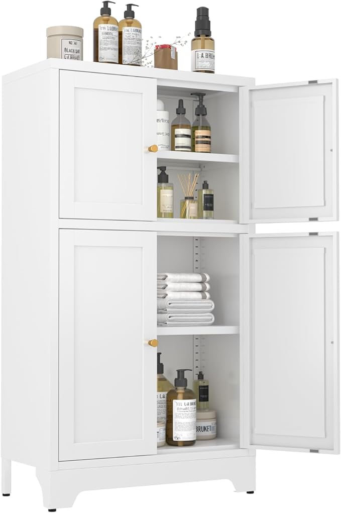 Metal Bathroom Storage Cabinet, Freestanding Pantry Floor Cabinet with 4 Doors and 2 Adjustable Shelves for Living Room, Dining Room, Kitchen (White, 43.3" H-4 Doors)