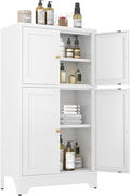 Metal Bathroom Storage Cabinet, Freestanding Pantry Floor Cabinet with 4 Doors and 2 Adjustable Shelves for Living Room, Dining Room, Kitchen (White, 43.3" H-4 Doors)