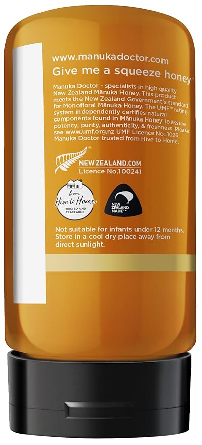 Manuka Doctor - Manuka Honey Squeezy MGO 182+ / UMF8 Dual Rated Monofloral, 100% Pure New Zealand Honey. Certified. Guaranteed. Raw. Non-GMO (10.58 oz)