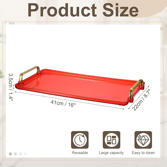 uxcell Plastic Serving Tray with Golden Handle, 16 x 8.7 Modern Rectangular Decorative Tray Acrylic Reusable Tea Platter for Countertop Bathroom Kitchen Home Restaurant, Clear Red