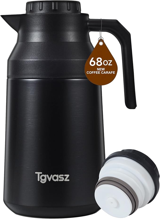 Thermal Coffee Carafe Insulated Stainless Steel Coffee Carafe for Hot Liquid Vacuum Thermal Pot Creamer Pitcher Dispenser Keeping Hot Water Milk (Black 68 oz)