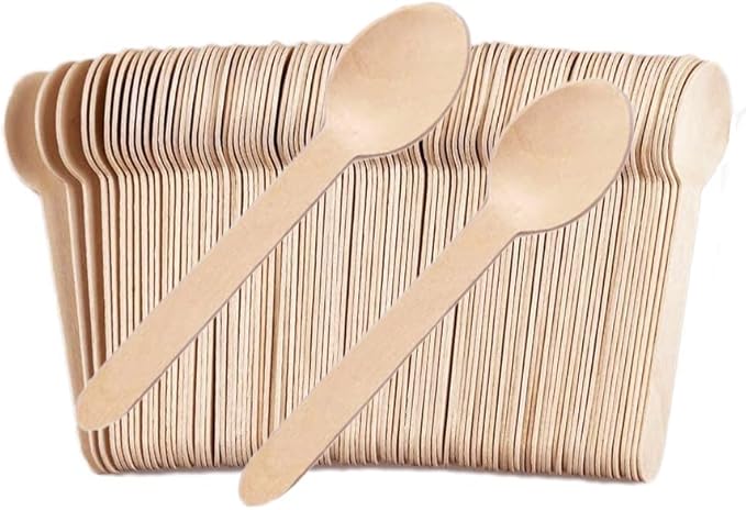 200PCS Wooden Spoons for Eating - 6.3" Bamboo Spoon Bulk, Compostable Spoons for Coffee & Hot chocolate, Biodegradable Disposable Spoon for Weddings, Parties, Catering and Craft Projects