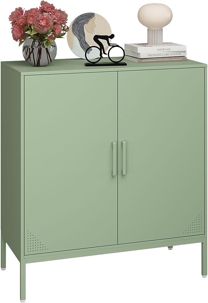 Metal Storage Cabinet with Adjustable Shelves, Steel Buffet Sideboard for Entryway, Living Room, Dining Room, Kitchen, Office, Bar (Green, 31.5" D x 15.75" W x 35.43" H)