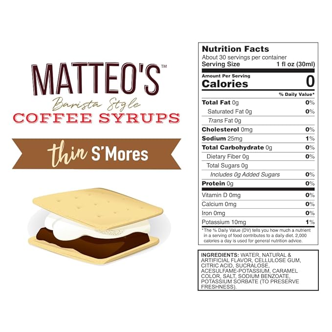Matteo's S'mores Syrup for Coffee, Lattes, Cappuccinos & Desserts – Sugar-Free Sweetener for Beverages, Keto Friendly, Zero Calories, Indulgent Flavor, Non-Alcoholic, Ideal for Hot Drinks 33.8oz (1pk)