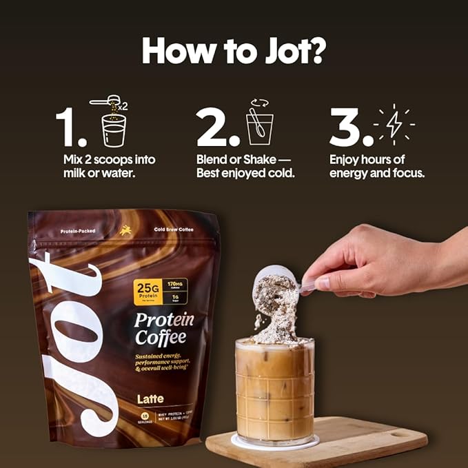 Jot Latte Protein Cold Brew Coffee Powder | Instant Iced Coffees | 25g Premium Whey Protein, 170mg Caffeine Per Serving | 15 Servings