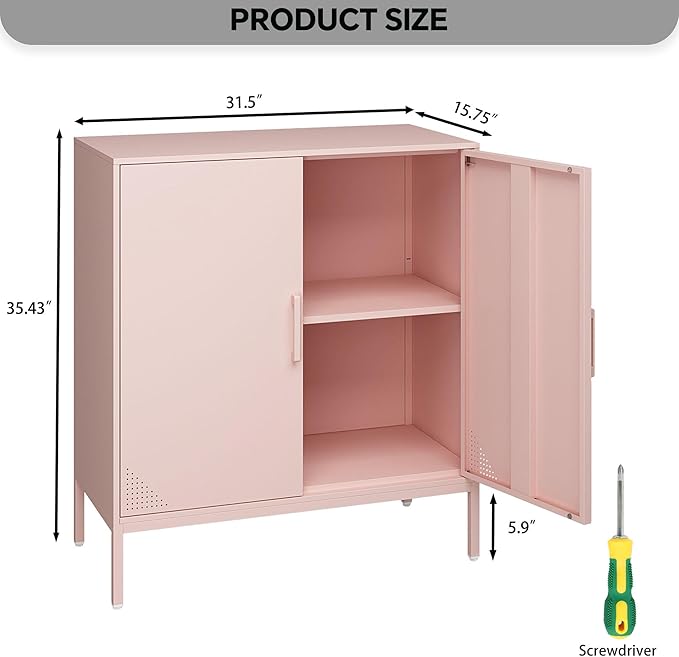 Metal Storage Cabinet with 2 Doors, Steel Buffet Sideboard Entryway Locker Cabinet Kitchen Cupboard for Living Room, Dining Room, Kitchen, Office, Bar (Pink, 31.5" D x 15.75" W x 35.43" H)