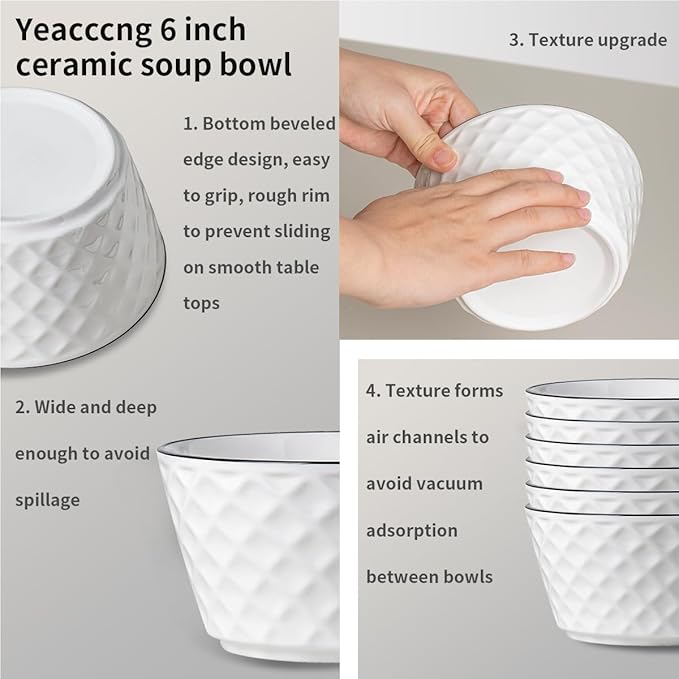 Yeacccng Soup Bowls Set of 6, 30oz Ceramic Cereal Bowls, Scratch-Resistant, Lead-Free, 6 inch White Soup Bowls for Soup, Oatmeal, Salad, Pasta, Dessert Snacks, Fruits, Dishwasher & Microwave Safe