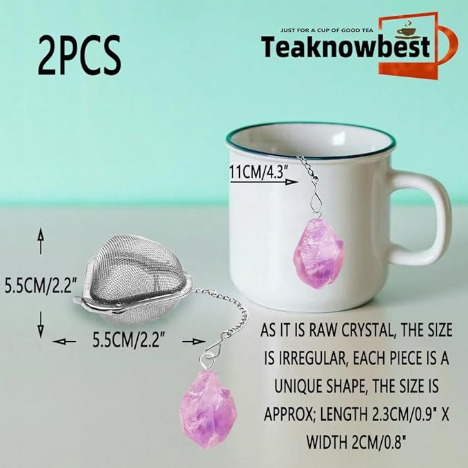 2PCS Loose tea infuser，Stainless Steel Tea Strainers for Loose Tea，tea leaves infuser，Fine mesh tea ball + crystal pendant，Suitable for brewing all loose leaf teas (2, Amethyst)
