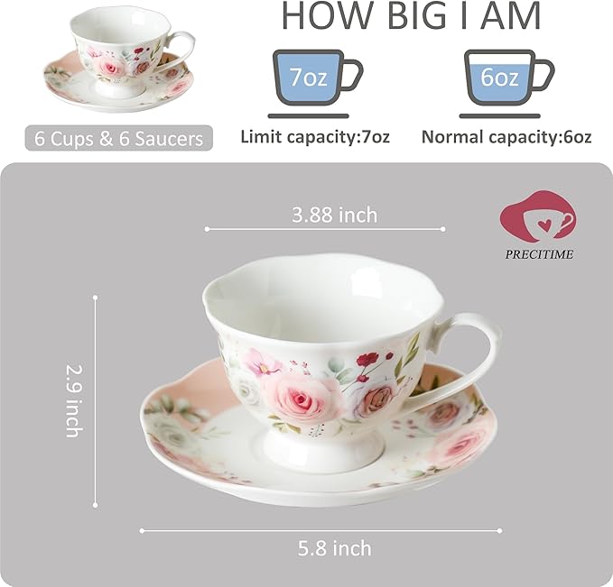 Floral Porcelain Tea Cup Set of 6 (12-Piece), 6 Cups & 6 Saucers with Rose Pattern, 6oz Scalloped Edge Coffee Cups, Dishwasher & Microwave Safe, Elegant Gift