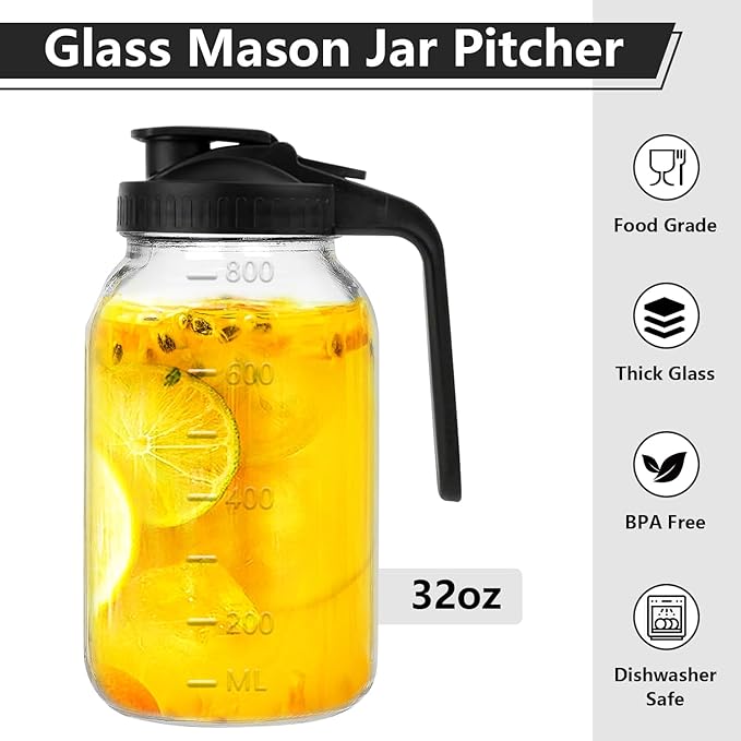 Glass Pitcher with Lid, 32 oz Glass Mason Jar Pitcher with Lid, Heavy Duty Wide Mouth Jar with Lid,Heavy Duty Container for Sun Tea, Juice, Cold Brew Coffee, Breastmilk Storage (Black)