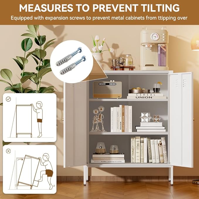 White Metal Storage Cabinet, Kitchen Cupboard with Adjustable Shelves, Side Table Storage with Doors,2 Door Locker Cabinets for Small Home,Office,Kitchen,Dining Room