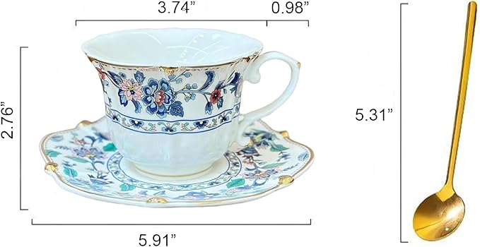 Floral Ceramic Cup Bone China Tea Cup and Saucer Set 6.8 Oz Gold Trim Vintage Style Porcelain Coffee Cup for Home Kitchen Office, Style 1