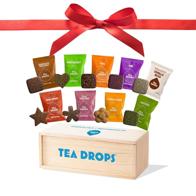 Tea Drops Holiday Gift Set | Organic Dissolvable Loose Leaf Tea | Microplastic-Free | Chai Spice Chocolate Earl Grey Citrus Ginger Rose Matcha Peppermint Ube Vanilla Bean Thai | 9 Sampler Assortment - 1 Per Flavor