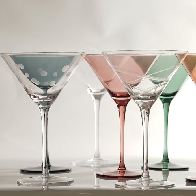 Etched Martini Glasses Set of 2-9 oz, Handmade Premium Crystal Cocktail Glasses, Martini, Cosmopolitan, Manhattan, Gimlet, Pisco Sour, Christmas Gifts for Men Women, Etched -(Lines+Dots)