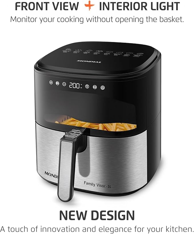 Mondial - Air Fryer Digital Visor Inox 5.3QT Capacity - High Power & Elegant Stainless Steel Finish - Black & Inox