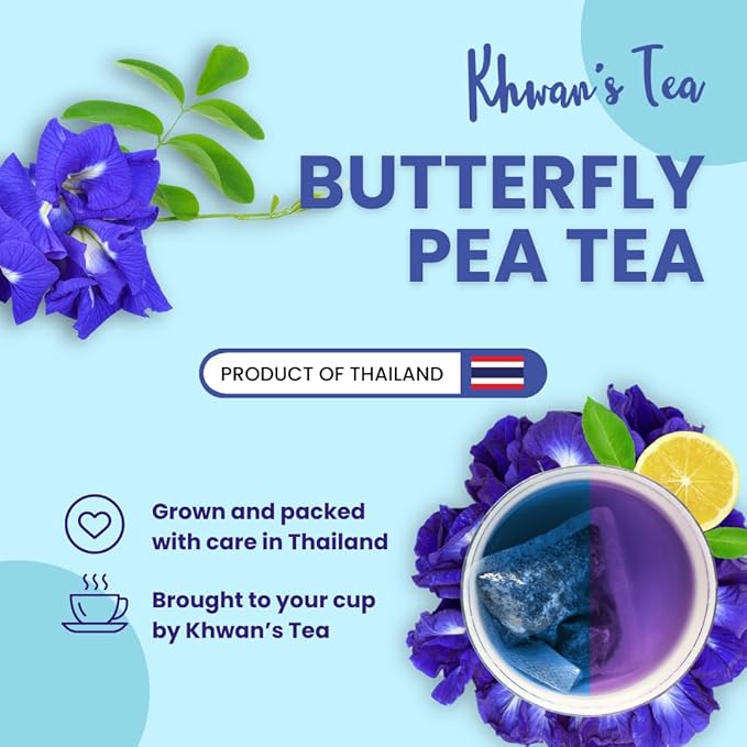 Khwan's Tea Butterfly Pea Flower Tea - Premium Herbal Tea Butterfly Pea Flower For Blue & Purple Natural Food Coloring, No Caffeine Tea, Sourced From Thailand