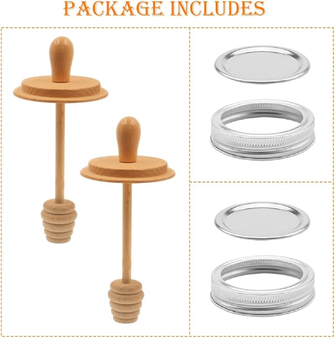 2pcs Wooden Mason Jar Honey Dipper with Lids Set - Honey Dipper Wooden Stick for Regular Mouth Mason Jars, Honey Spoon Honeycomb Lids for Regular Mouth 16 oz Mason, Ball Jars (Jar is not included)