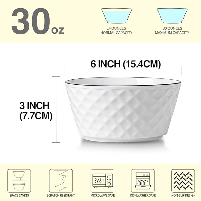 Yeacccng Soup Bowls Set of 6, 30oz Ceramic Cereal Bowls, Scratch-Resistant, Lead-Free, 6 inch White Soup Bowls for Soup, Oatmeal, Salad, Pasta, Dessert Snacks, Fruits, Dishwasher & Microwave Safe