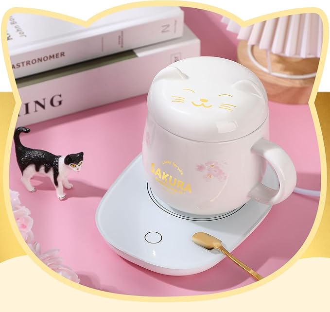 Honeydak Coffee Cup Warmer Coffee Warmer with Mug for Women Electric Coffee Mug Heater Temperature Control Ceramic Cute Cat Smart Coffee Warmer for Office Desk Home Christmas Birthday Gift (White)