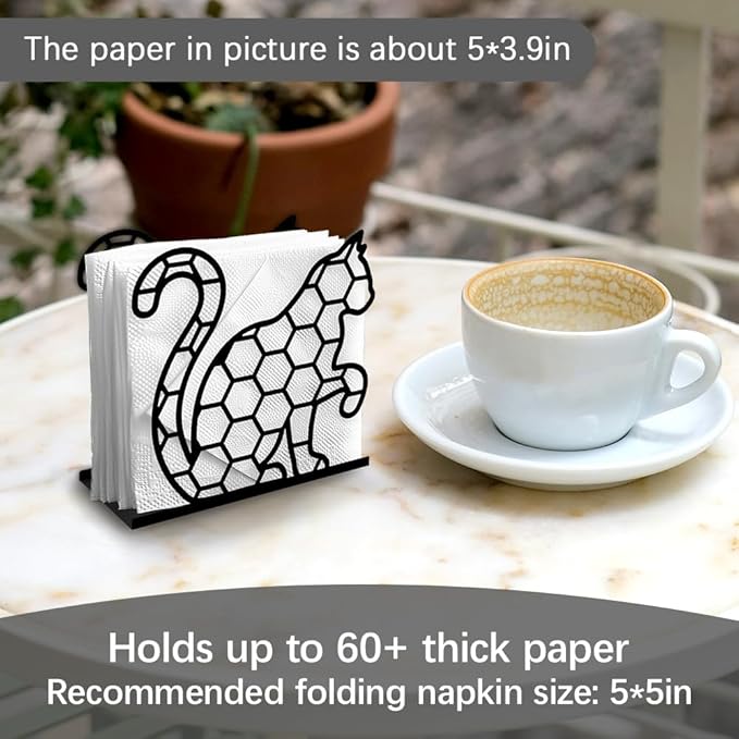 Hexagon Cat Decorative Black Metal Napkin Holder for Table, 4.9" x 4.7" x 2" Kitty Animal Standing Napkin Holder for Home Kitchen Restaurant Picnic Party Coffee Bar Dining Room